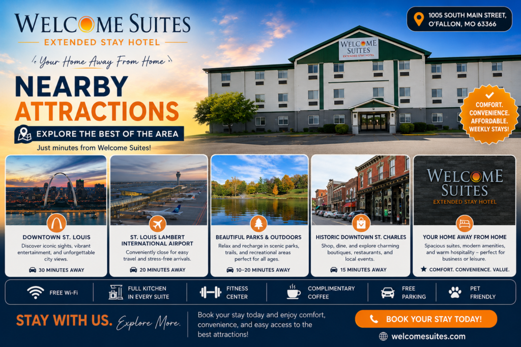 Extended Stay Hotel near O'Fallon IL featuring Welcome Suites, with nearby attractions including Downtown St. Louis, STL Airport, parks, and Historic St. Charles.